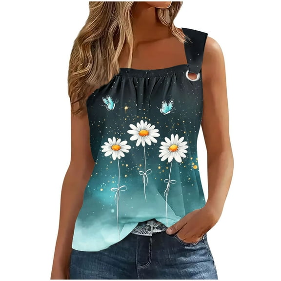 Youyipin Womens Tops Summer Tank Tops For Women Pleated Square Neck O Ring Shoulder Sleeveless Shirts Casual Loose Fit Trendy Blouses Beach Vacation Clothes For Women