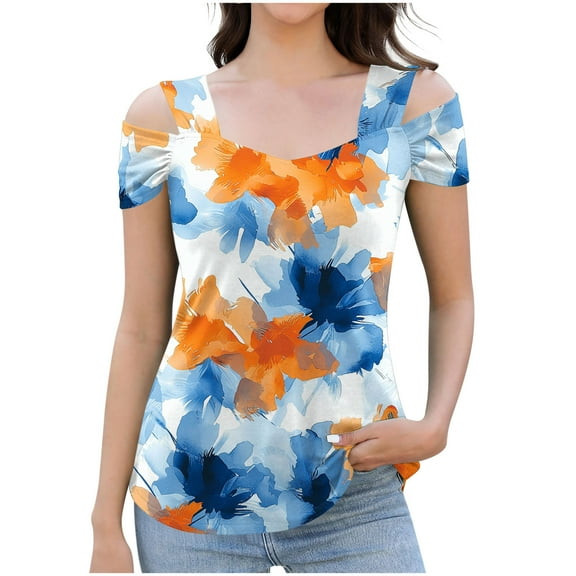 Youyipin Womens Tops Summer Women Cold Shoulder Tops Casual Loose Hollow Out Short Sleeve T Shirt Sexy V Neck Tops Blouses Beach Vacation Clothes For Women