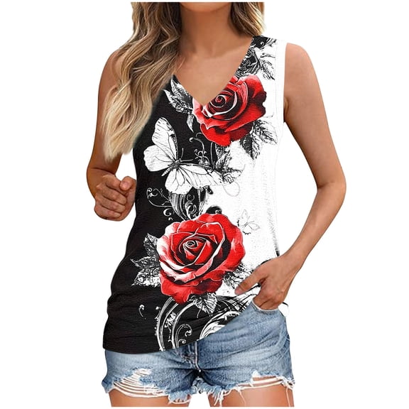 Youyipin Womens Tops Tank Tops Summer Sleeveless Henley Shirts Flowy Pleated V-Neck Tunics Tee Graphic Tees For Women Beach Vacation Clothes