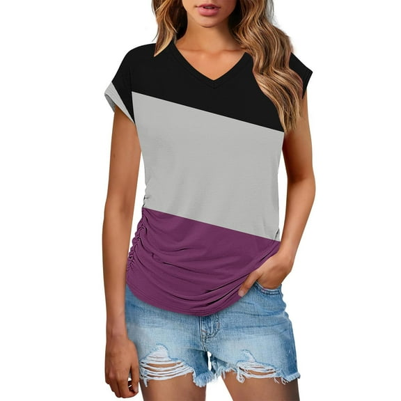 Youyipin Womens Tops Trendy Blouses Shirt Short Sleeve Loose Casual T Shirts V-Neck Color Blocked Dressy Comfy Tunic Top Graphic Tees For Women