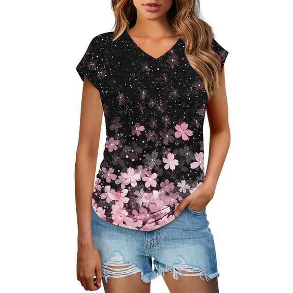 Youyipin Womens Tops Trendy Blouses Shirt Short Sleeve Loose Casual T Shirts V-Neck Color Blocked Dressy Comfy Tunic Top Graphic Tees For Women