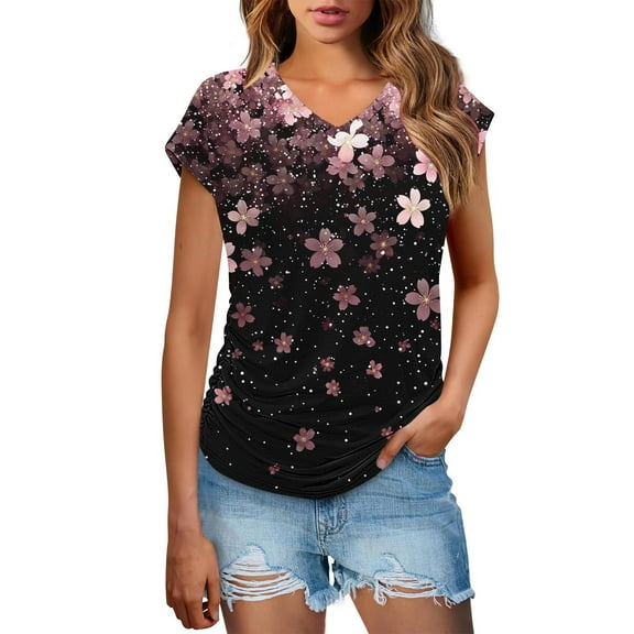 Youyipin Womens Tops Trendy Blouses Shirt Short Sleeve Loose Casual T Shirts V-Neck Color Blocked Dressy Comfy Tunic Top Graphic Tees For Women