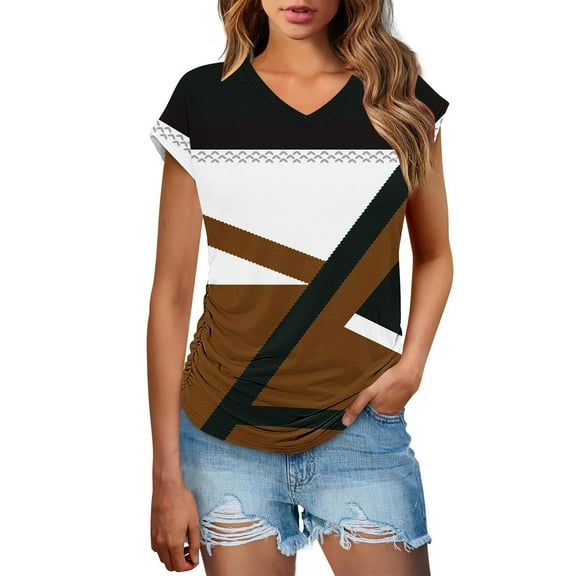 Youyipin Womens Tops Trendy Blouses Shirt Short Sleeve Loose Casual T Shirts V-Neck Color Blocked Dressy Comfy Tunic Top Graphic Tees For Women