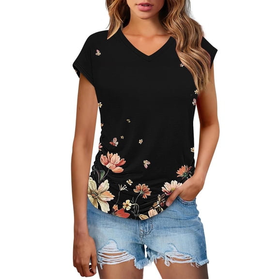 Youyipin Womens Tops Trendy Blouses Shirt Short Sleeve Loose Casual T Shirts V-Neck Color Blocked Dressy Comfy Tunic Top Graphic Tees For Women