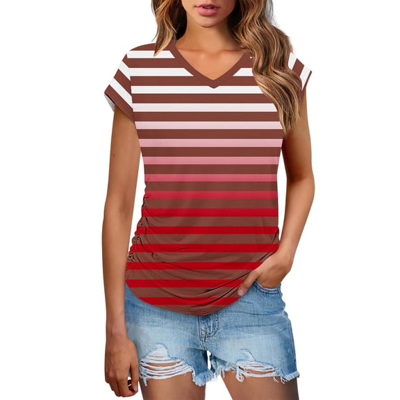 Youyipin Womens Tops Trendy Blouses Shirt Short Sleeve Loose Casual T Shirts V-Neck Color Blocked Dressy Comfy Tunic Top Graphic Tees For Women