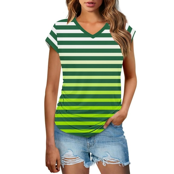 Youyipin Womens Tops Trendy Blouses Shirt Short Sleeve Loose Casual T Shirts V-Neck Color Blocked Dressy Comfy Tunic Top Graphic Tees For Women