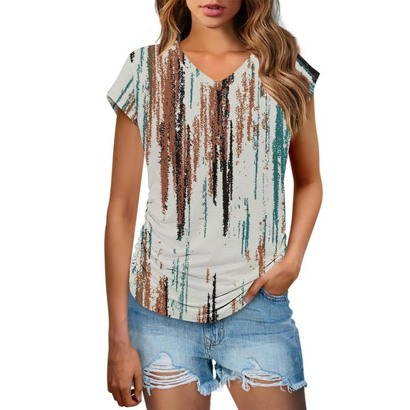 Youyipin Womens Tops Trendy Blouses Shirt Short Sleeve Loose Casual T Shirts V-Neck Color Blocked Dressy Comfy Tunic Top Graphic Tees For Women