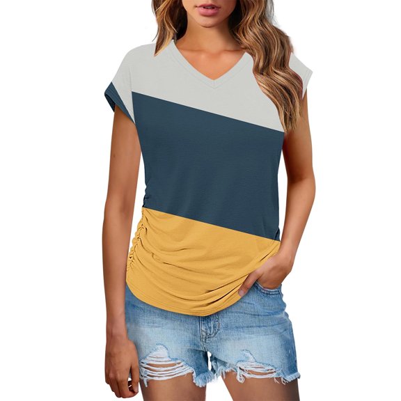 Youyipin Womens Tops Trendy Blouses Shirt Short Sleeve Loose Casual T Shirts V-Neck Color Blocked Dressy Comfy Tunic Top Graphic Tees For Women
