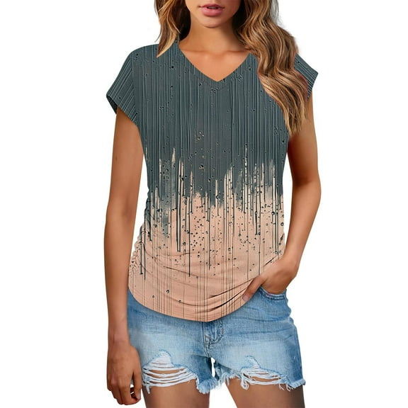 Youyipin Womens Tops Trendy Blouses Shirt Short Sleeve Loose Casual T Shirts V-Neck Color Blocked Dressy Comfy Tunic Top Graphic Tees For Women