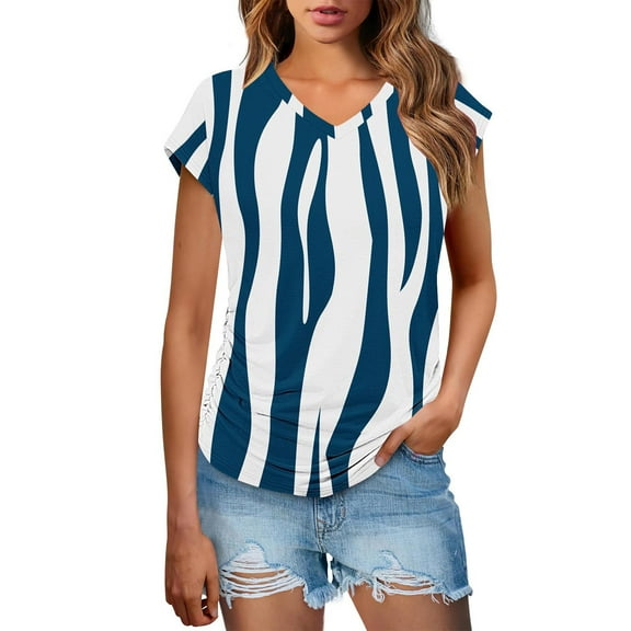 Youyipin Womens Tops Trendy Blouses Shirt Short Sleeve Loose Casual T Shirts V-Neck Color Blocked Dressy Comfy Tunic Top Graphic Tees For Women