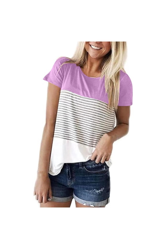 Womens Tops Triple Color Block Round Neck T-Shirt Women's Contrasting Striped Printed Short Sleeved Pullover Fashion Summer Tops For Women