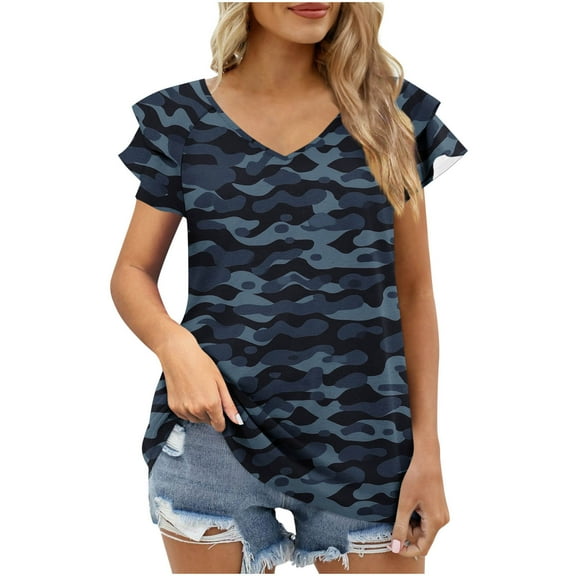 Youyipin Womens Tops V Neck Ruffle Short Sleeve T Shirts Tunic Summer Business Casual Tops For Women Beach Vacation Essentials