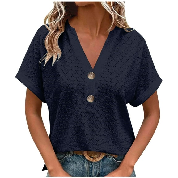 Youyipin Womens Tops V Neck Shirts Country Casual Short Sleeve Summer Button Down Blouse Loose Fit Business Casual Tops For Women