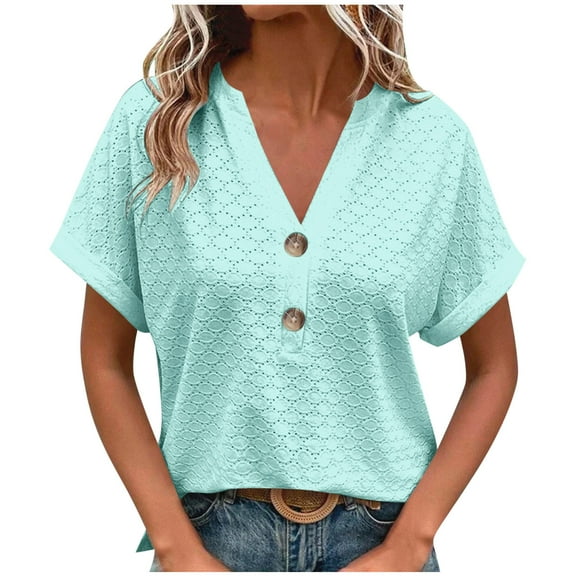 Youyipin Womens Tops V Neck Shirts Country Casual Short Sleeve Summer Button Down Blouse Loose Fit Business Casual Tops For Women