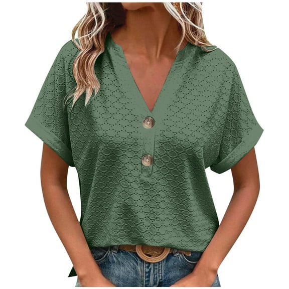 Youyipin Womens Tops V Neck Shirts Country Casual Short Sleeve Summer Button Down Blouse Loose Fit Business Casual Tops For Women