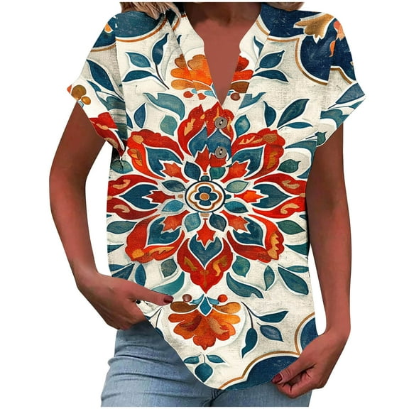 Youyipin Womens Tops Women Casual Printed Short Sleeve Button Home Outfits Casual V-Neck T-Shirt Blouses Graphic Tees For Women