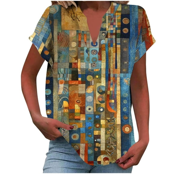 Youyipin Womens Tops Women Casual Printed Short Sleeve Button Home Outfits Casual V-Neck T-Shirt Blouses Graphic Tees For Women