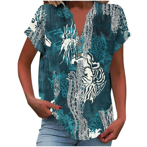 Youyipin Womens Tops Women Casual Printed Short Sleeve Button Home Outfits Casual V-Neck T-Shirt Blouses Graphic Tees For Women