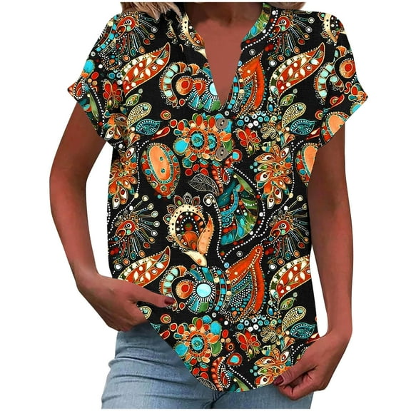 Youyipin Womens Tops Women Casual Printed Short Sleeve Button Home Outfits Casual V-Neck T-Shirt Blouses Graphic Tees For Women