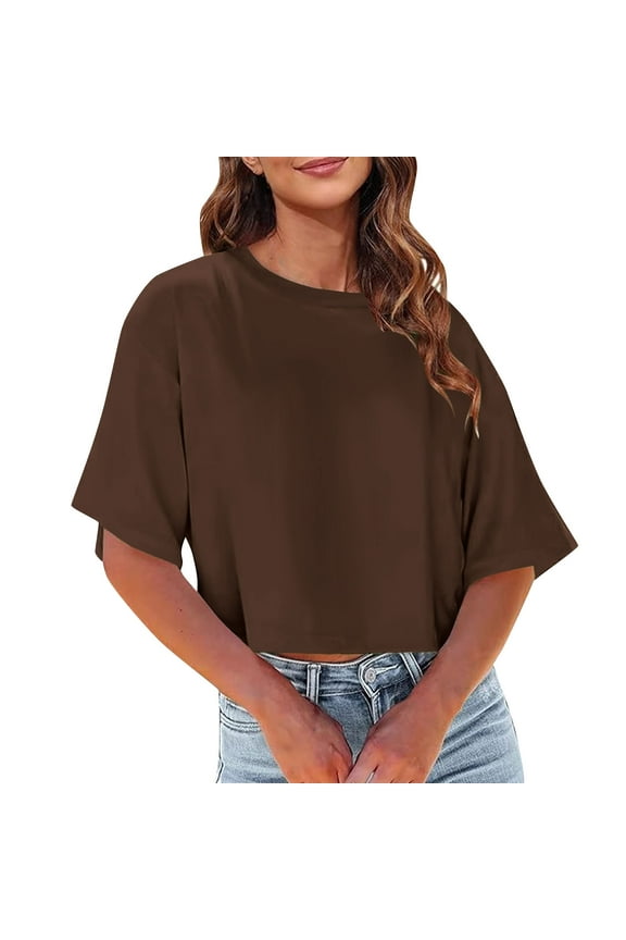 Womens Tops Women Half Sleeve Cropped T-Shirts Drop Shoulder Round Neck Crop Tops Casual Summer Solid Color Basic Tees Spring Tops For Women