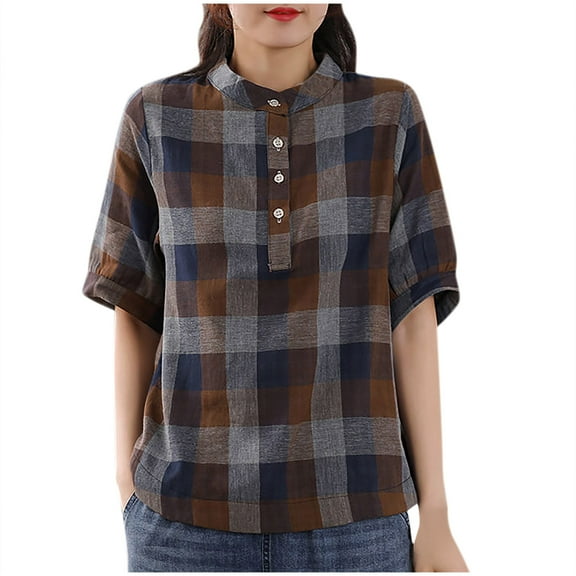 Youyipin Womens Tops Women’S Short Sleeve Plaid Shirt Summer Loose Fit Color Block Blouse Tops With 4 Buttons Spring Tops For Women 2025