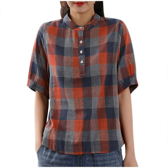 Youyipin Womens Tops Women’S Short Sleeve Plaid Shirt Summer Loose Fit Color Block Blouse Tops With 4 Buttons Spring Tops For Women 2025