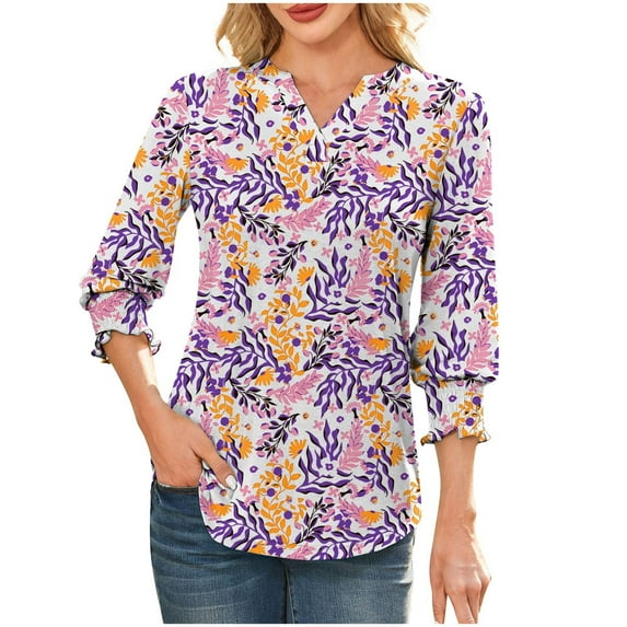 Youyipin Womens Tops Women's 3/4 Sleeve V Neck T Shirts Ruffle Sleeve Summer Business Casual Tops For Women