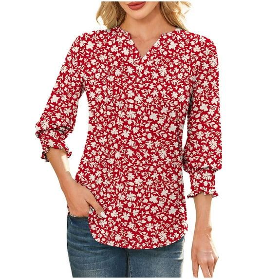 Youyipin Womens Tops Women's 3/4 Sleeve V Neck T Shirts Ruffle Sleeve Summer Business Casual Tops For Women
