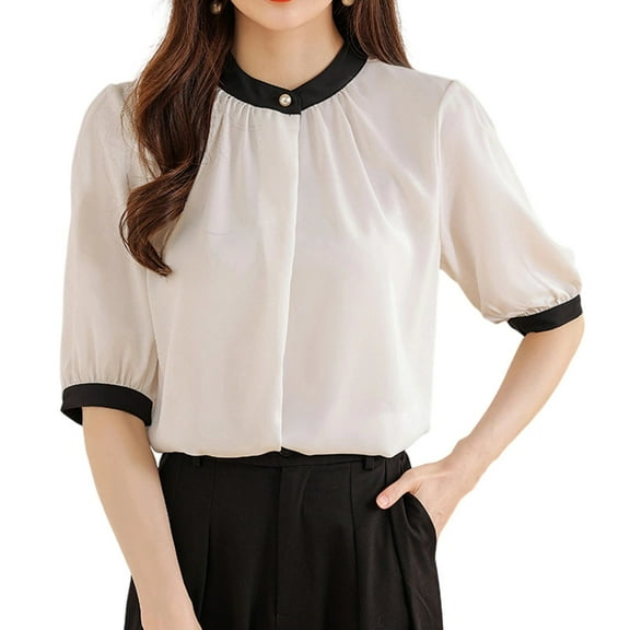 Youyipin Womens Tops Women's Color Block Loose Fit Shirt Round Neck Thin Chiffon Short Sleeve Shirts For Women