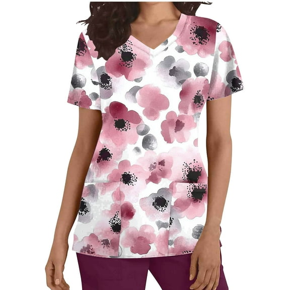 Youyipin Womens Tops Women's Comfortable Easy Fit Lightweight Durable Stretch Printed V Neck Medical Scrub Top Short Sleeve Shirts For Women