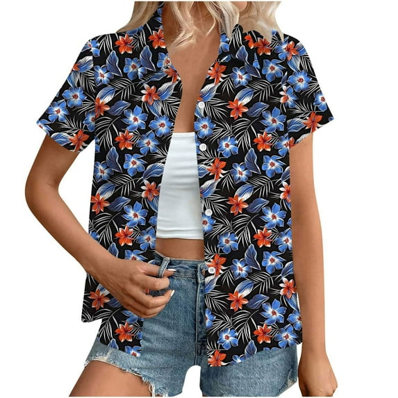 Youyipin Womens Tops Women's Hawaiian Button Down Shirts Casual Short Sleeve Floral Tropical Print Summer Blouse Tunic Top Beach Vacation Clothes For Women