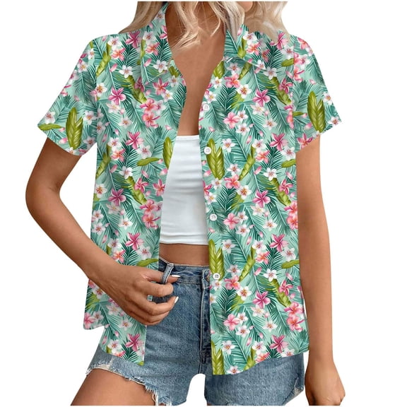 Youyipin Womens Tops Women's Hawaiian Button Down Shirts Casual Short Sleeve Floral Tropical Print Summer Blouse Tunic Top Beach Vacation Clothes For Women