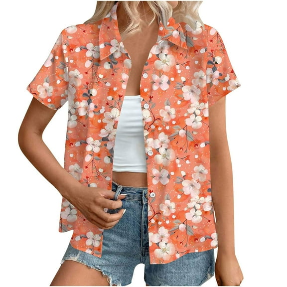 Youyipin Womens Tops Women's Hawaiian Button Down Shirts Casual Short Sleeve Floral Tropical Print Summer Blouse Tunic Top Beach Vacation Clothes For Women