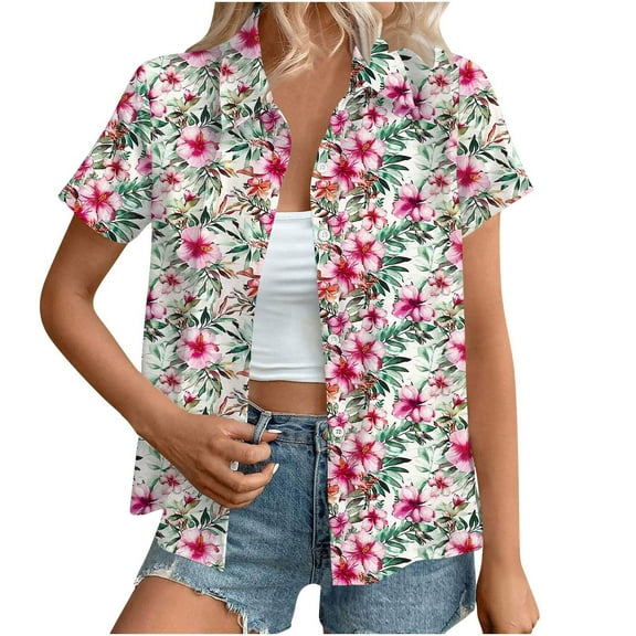 Youyipin Womens Tops Women's Hawaiian Button Down Shirts Casual Short Sleeve Floral Tropical Print Summer Blouse Tunic Top Beach Vacation Clothes For Women