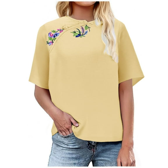 Youyipin Womens Tops Women's Oversized T Shirts Short Sleeve Elegant Retro Chinese Frog Button Round Neck Summer Tops Casual Loose Basic Tee Shirts 2025 Trendy Clothes