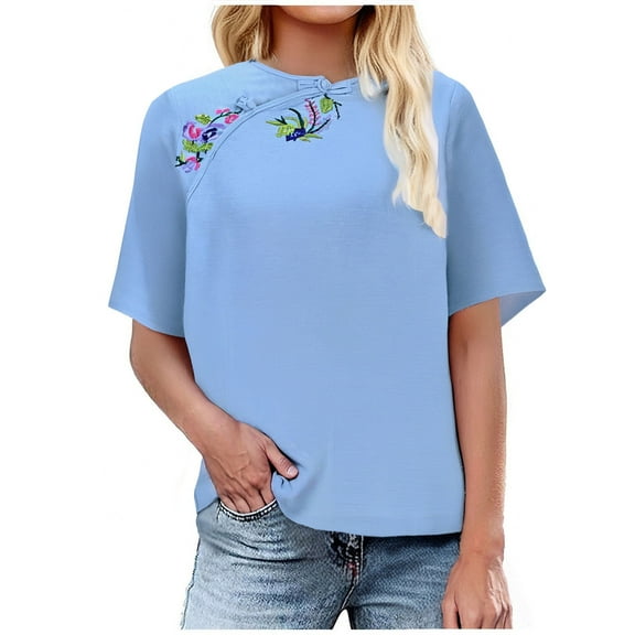 Youyipin Womens Tops Women's Oversized T Shirts Short Sleeve Elegant Retro Chinese Frog Button Round Neck Summer Tops Casual Loose Basic Tee Shirts 2025 Trendy Clothes