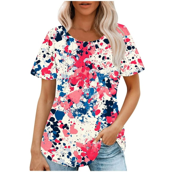 Youyipin Womens Tops Women's Shirts Dressy Casual Short Sleeve Round Neck Blouses Loose Fit Pleated Front Summer Tunic Tops Spring Tops For Women