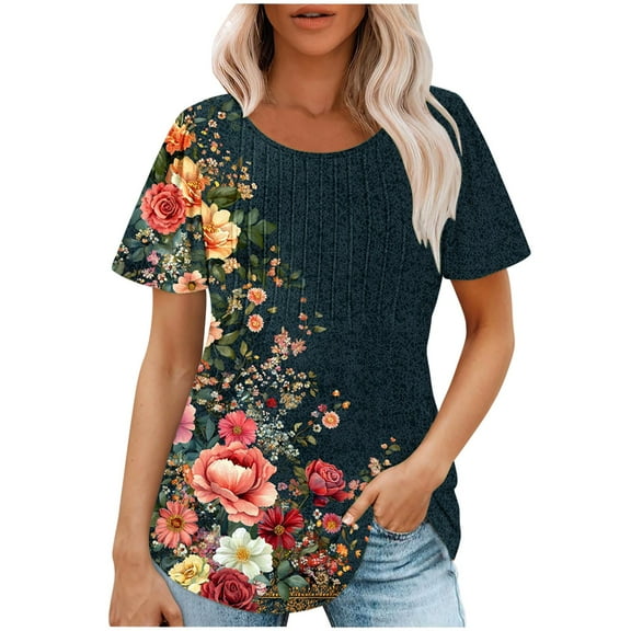 Youyipin Womens Tops Women's Shirts Dressy Casual Short Sleeve Round Neck Blouses Loose Fit Pleated Front Summer Tunic Tops Spring Tops For Women