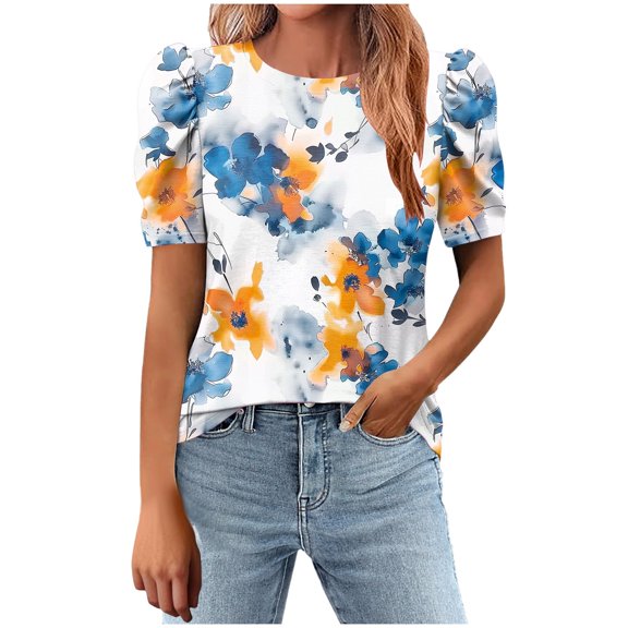 Youyipin Womens Tops Women's Short Puff Sleeve Knit Tops 2025 Trendy Crewneck Striped T Shirts Casual Summer Blouses Short Sleeve Shirts For Women