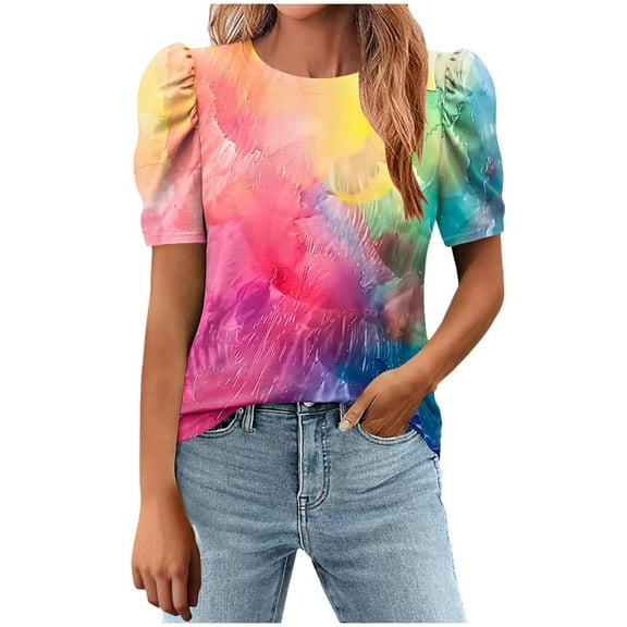 Youyipin Womens Tops Women's Short Puff Sleeve Knit Tops 2025 Trendy Crewneck Striped T Shirts Casual Summer Blouses Short Sleeve Shirts For Women