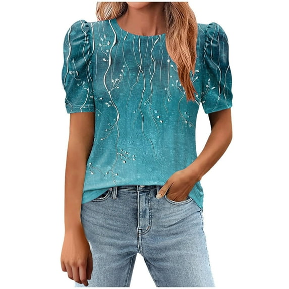 Youyipin Womens Tops Women's Short Puff Sleeve Knit Tops 2025 Trendy Crewneck Striped T Shirts Casual Summer Blouses Short Sleeve Shirts For Women