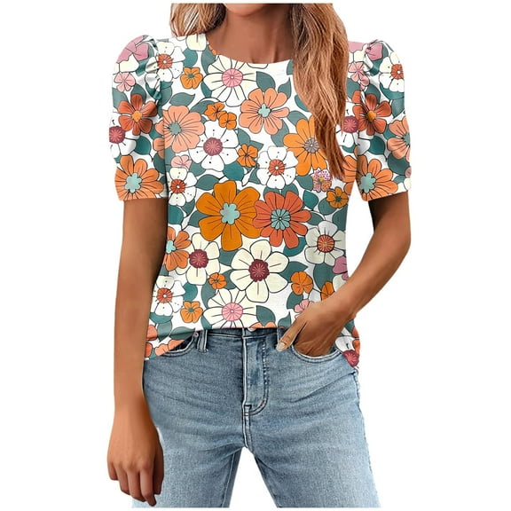 Youyipin Womens Tops Women's Short Puff Sleeve Knit Tops 2025 Trendy Crewneck Striped T Shirts Casual Summer Blouses Short Sleeve Shirts For Women