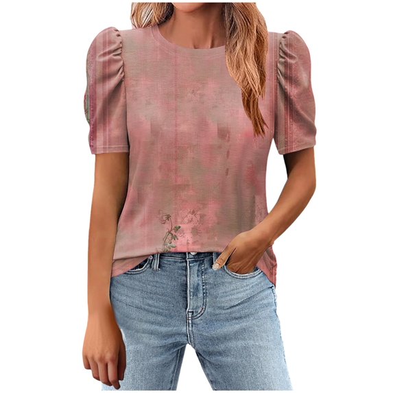 Youyipin Womens Tops Women's Short Puff Sleeve Knit Tops 2025 Trendy Crewneck Striped T Shirts Casual Summer Blouses Short Sleeve Shirts For Women