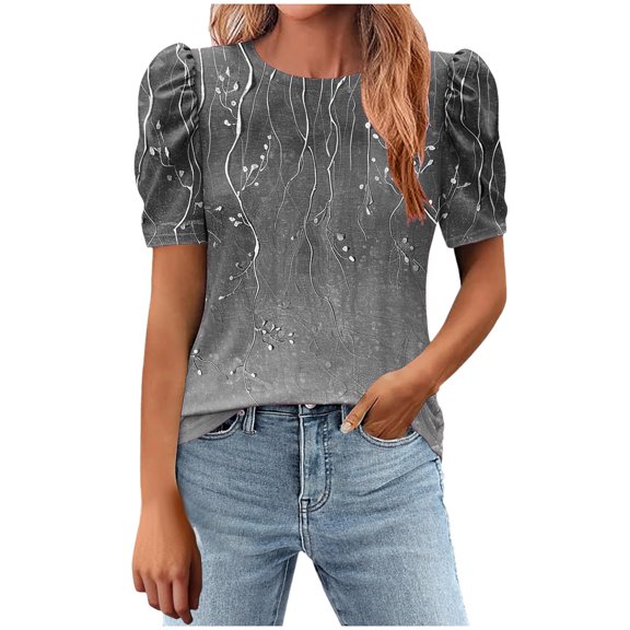 Youyipin Womens Tops Women's Short Puff Sleeve Knit Tops 2025 Trendy Crewneck Striped T Shirts Casual Summer Blouses Short Sleeve Shirts For Women