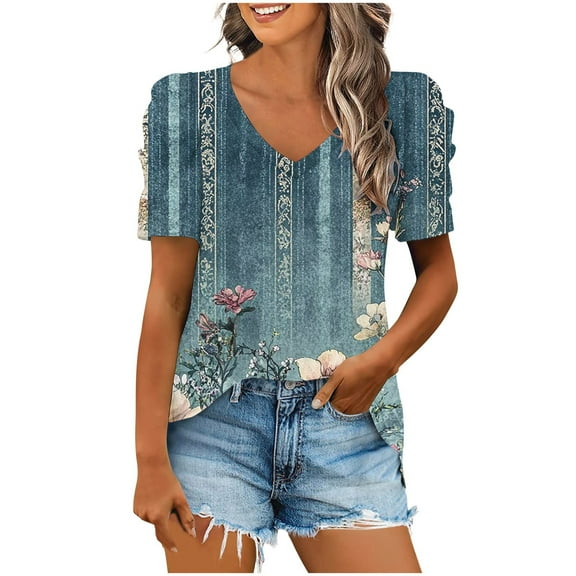 Youyipin Womens Tops Women's Short Sleeve Casual Tshirt Fashion Round Neck Summer Tops Trendy Floral Print 2025 Blouse Loose Tunic Spring Tops For Women