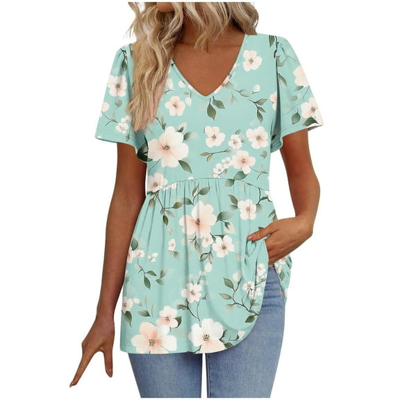 Youyipin Womens Tops Women's Short Sleeve Shirts V Neck Blouse Ruched Business Casual Basic Tunic Tops S-2Xl Spring Tops For Women