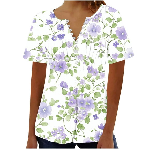 Youyipin Womens Tops Women's Summer Casual Rolled Cuff Zip Half Placket Chiffon V Neck Short Sleeve Top Blouses Spring Tops For Women