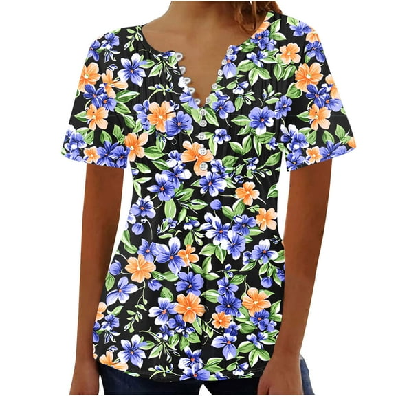 Youyipin Womens Tops Women's Summer Casual Rolled Cuff Zip Half Placket Chiffon V Neck Short Sleeve Top Blouses Spring Tops For Women