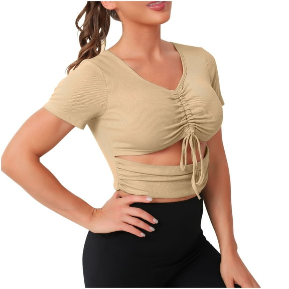 Youyipin Womens Tops Women's Summer Sexy Crop Top Ruched Y2K V Neck Slim Short Sleeve Casual Basic Knit T Shirt Workout Tops Khaki Spring Tops For Women