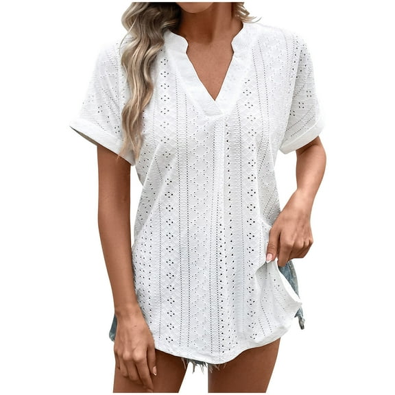 Youyipin Womens Tops Women's Summer V Neck White Blouse Slip Side Short Sleeve Tunics Tops Eyelet Embroidery Dressy Casual Work Tops Beach Vacation Clothes For Women